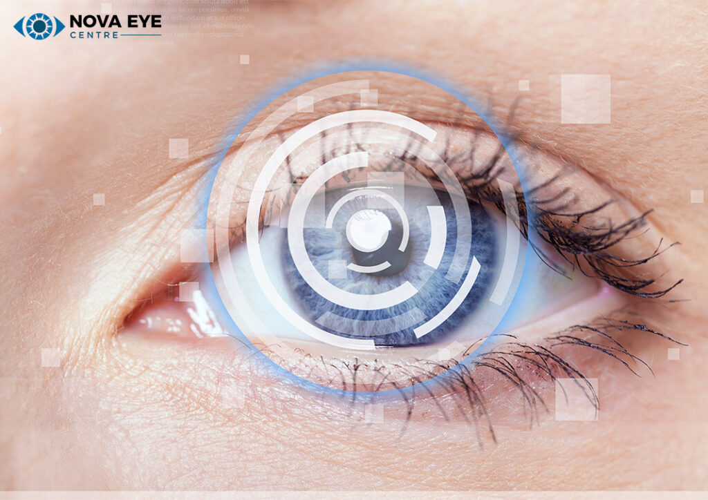 Close-up of a blue human eye with a digital circular overlay suggesting a high-tech scan or vision correction.